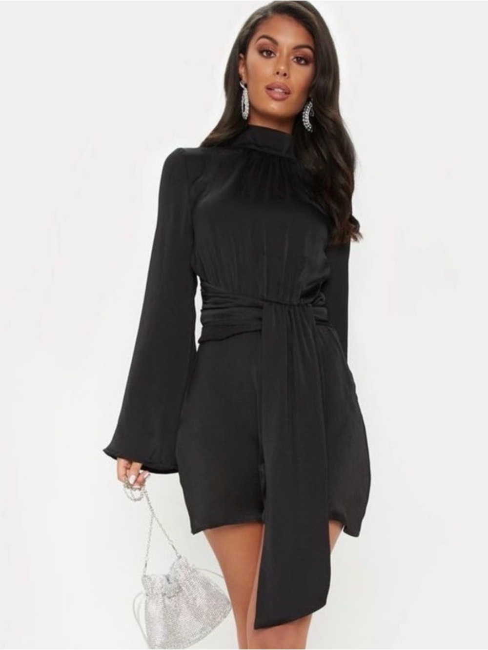 PrettyLittleThing Black Hammered Satin Drape High Neck Shift Dress